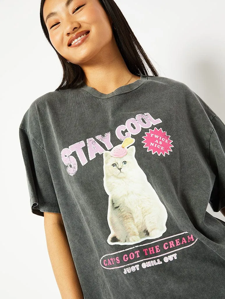 Stay Cool Cat Oversized Acid Wash T-Shirt sold by Skinnydip London product image thumbnail 3