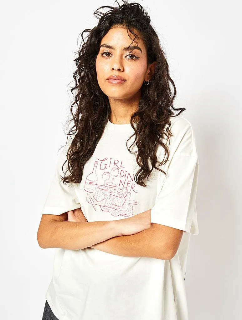 Girl Dinner T-Shirt in Ecru sold by Skinnydip London