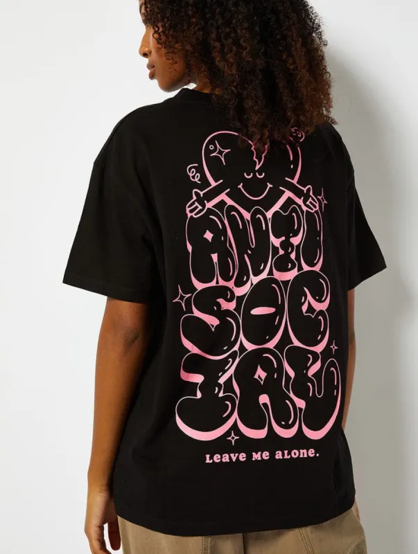 Antisocial Graphic Black Oversized T-Shirt sold by Skinnydip London