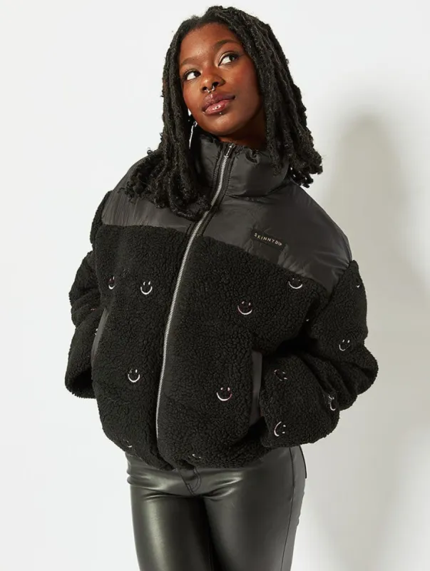 Face Embroidered Borg Puffer Jacket sold by Skinnydip London
