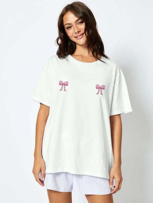 Mallows Beauty x Skinnydip Bow T-Shirt In Ecru sold by Skinnydip London