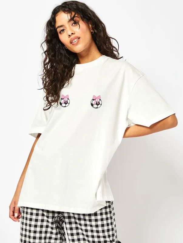 Football Bows T-Shirt In Ecru sold by Skinnydip London