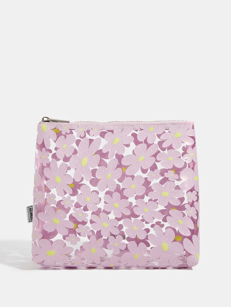 Warped Lilac Glitter Flower Wash Bag sold by Skinnydip London
