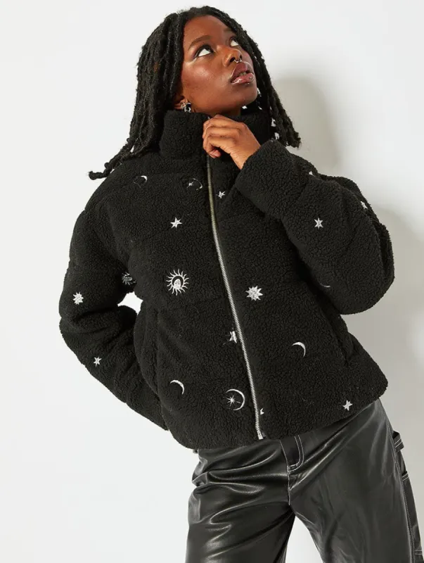 Celestial Embroidered Borg Puffer Jacket sold by Skinnydip London