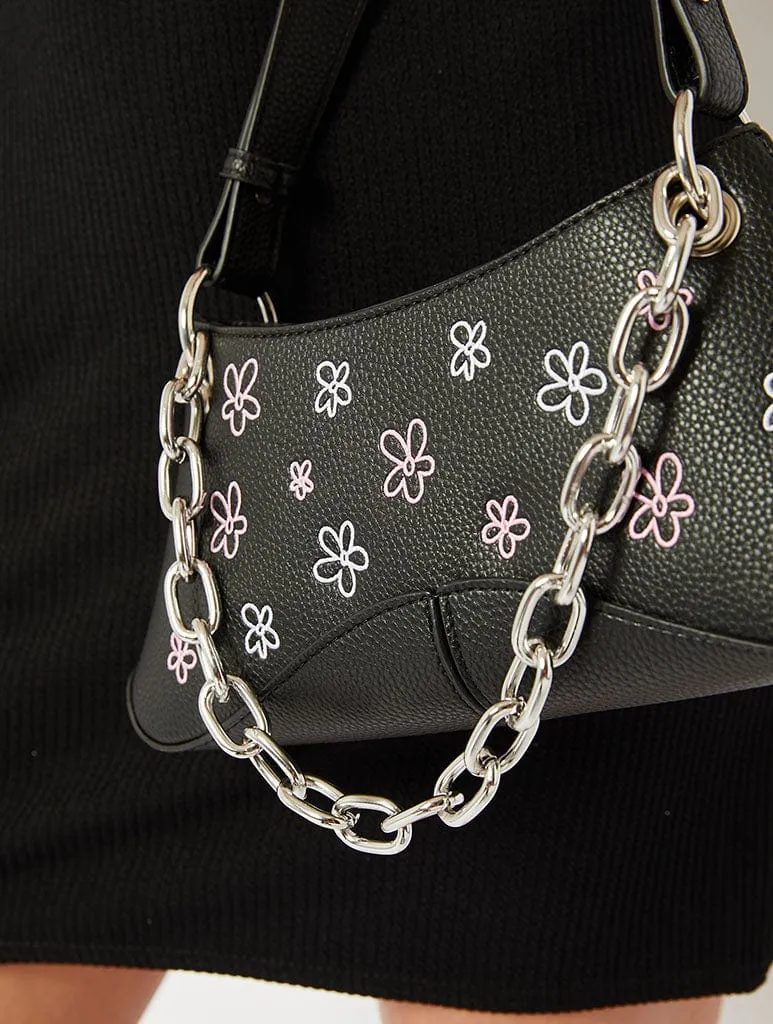 Black Flower Embroidered Chain Shoulder Bag sold by Skinnydip London product image thumbnail 3