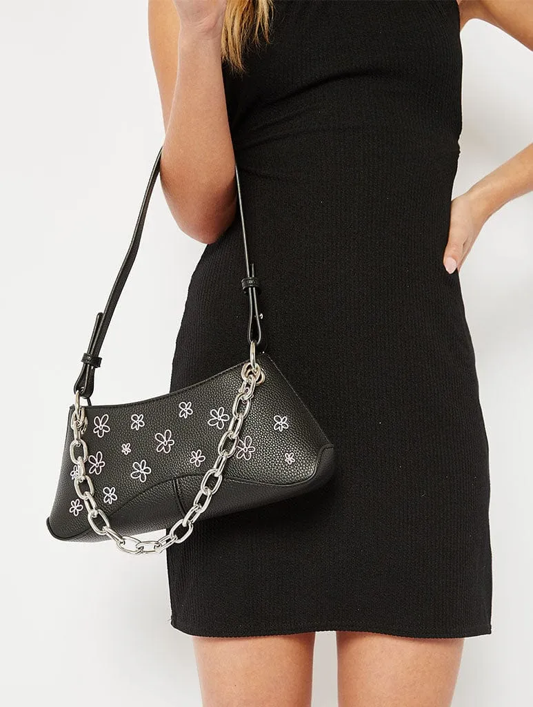 Black Flower Embroidered Chain Shoulder Bag sold by Skinnydip London product image thumbnail 2