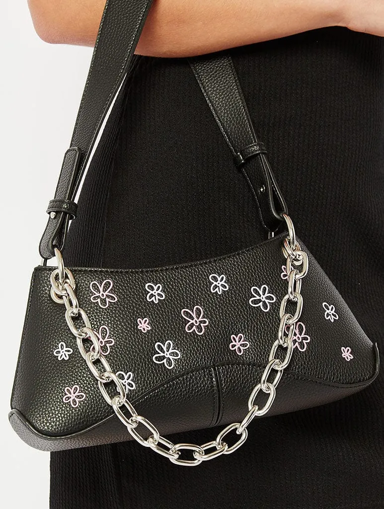 Black Flower Embroidered Chain Shoulder Bag sold by Skinnydip London