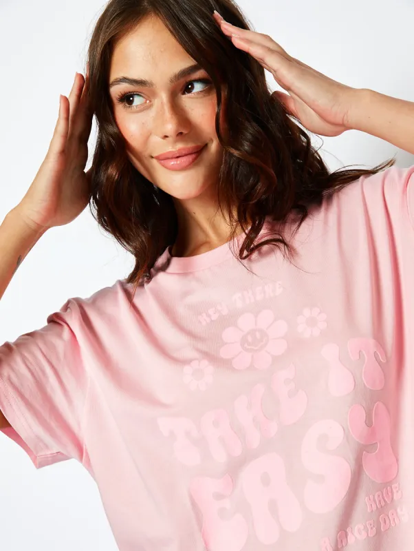 Take it Easy Oversized Pink T-Shirt sold by Skinnydip London