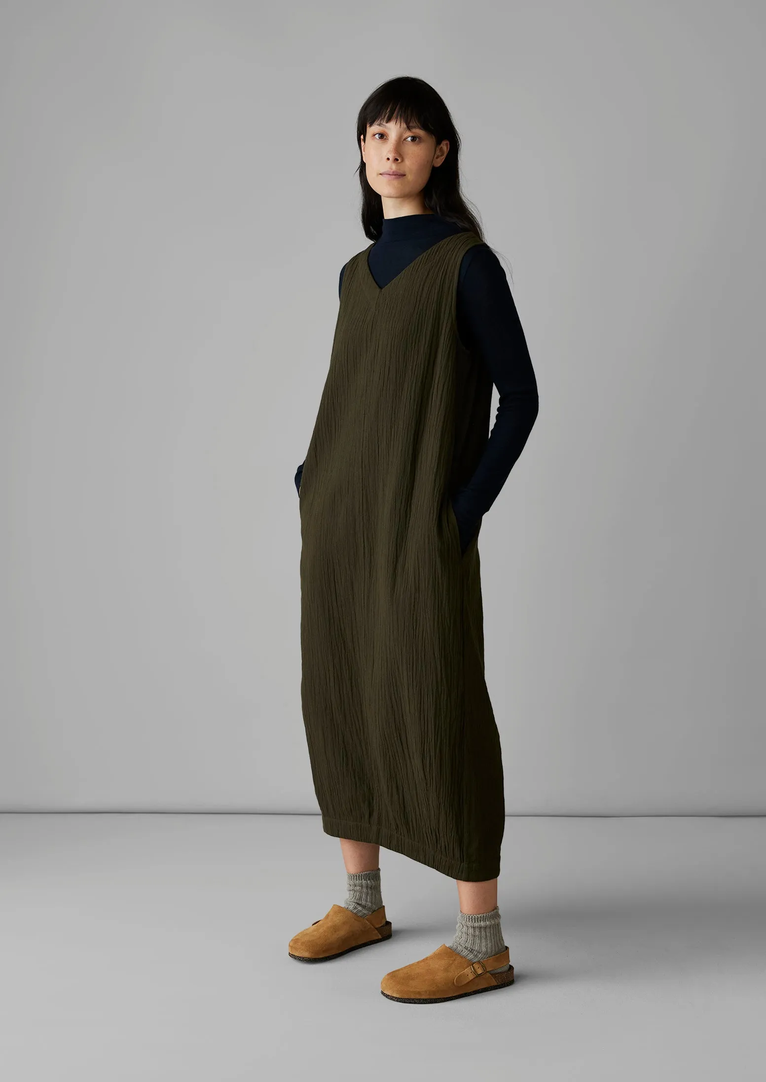 V-Neck Crinkle Cotton Dress | Darkest Olive sold by TOAST product image thumbnail 5