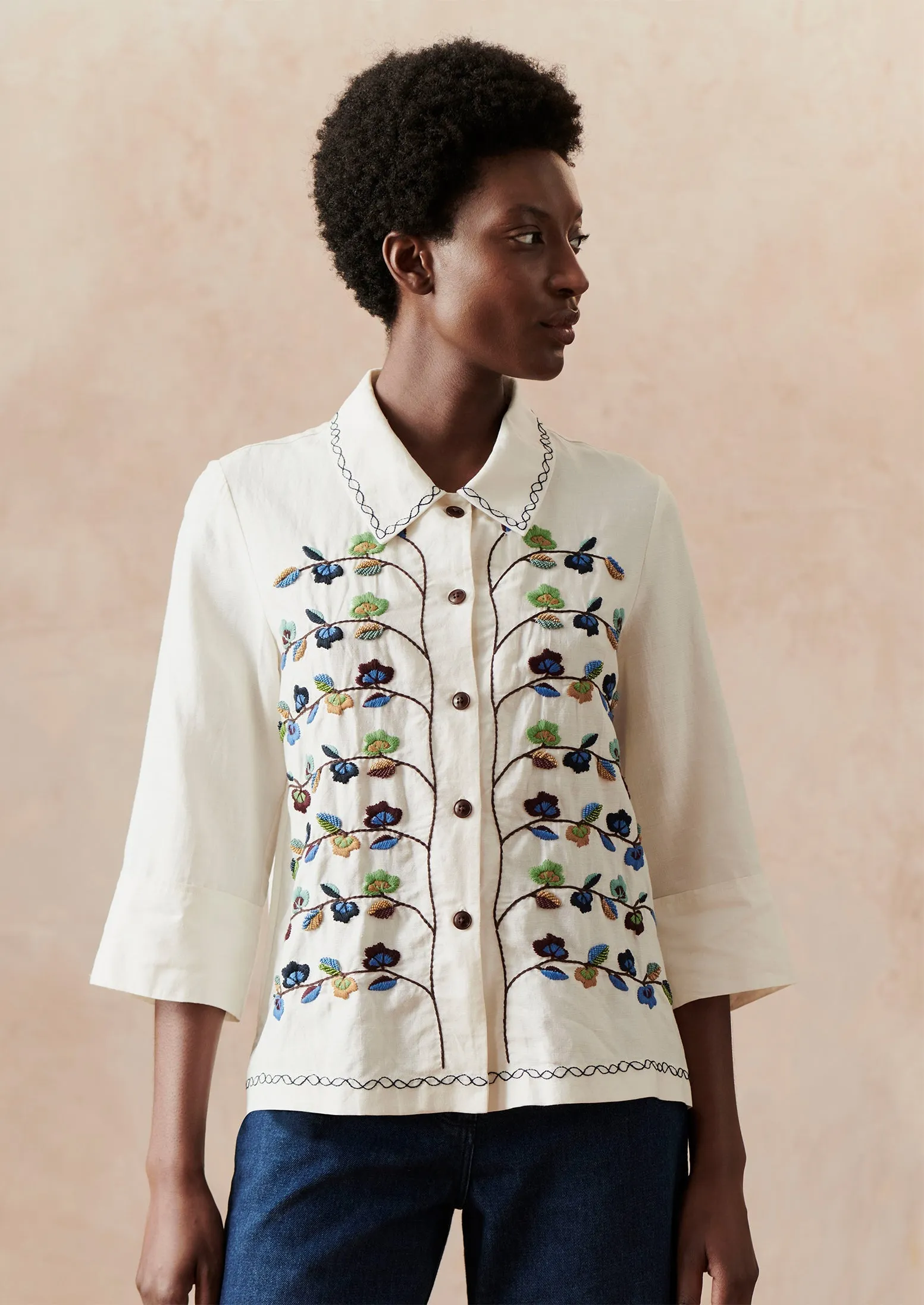 Trailing Flower Hand Embroidered Shirt | Ecru/Multi sold by TOAST product image thumbnail 2