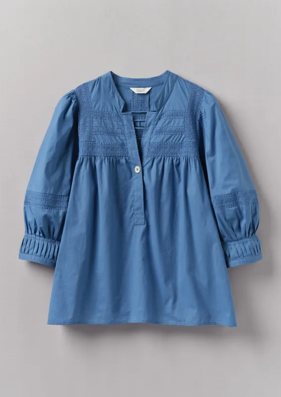 Gathered Sleeve Embroidered Cotton Shirt | Sea Blue sold by TOAST