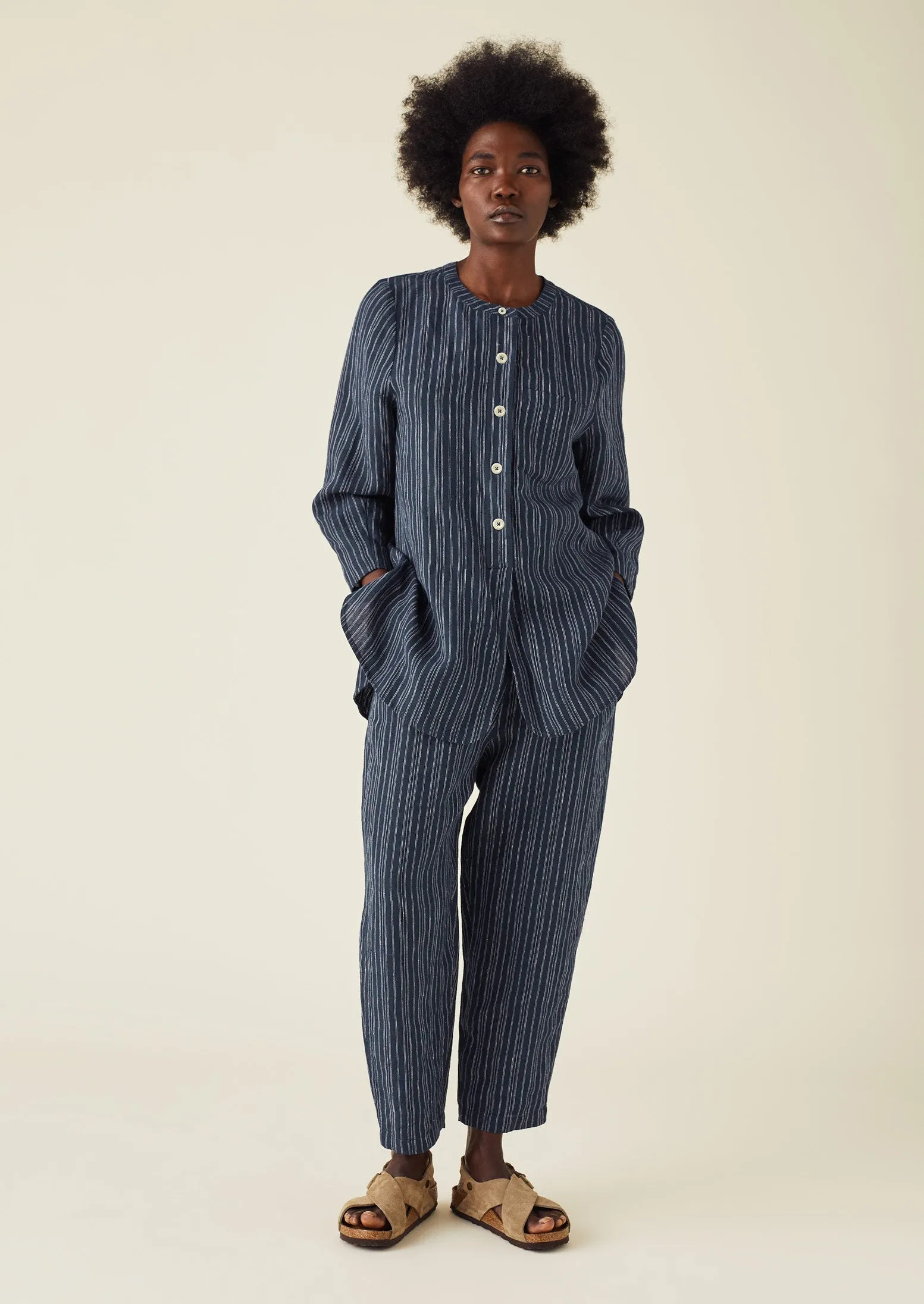 Half Placket Stripe Linen Shirt | Navy sold by TOAST product image thumbnail 3