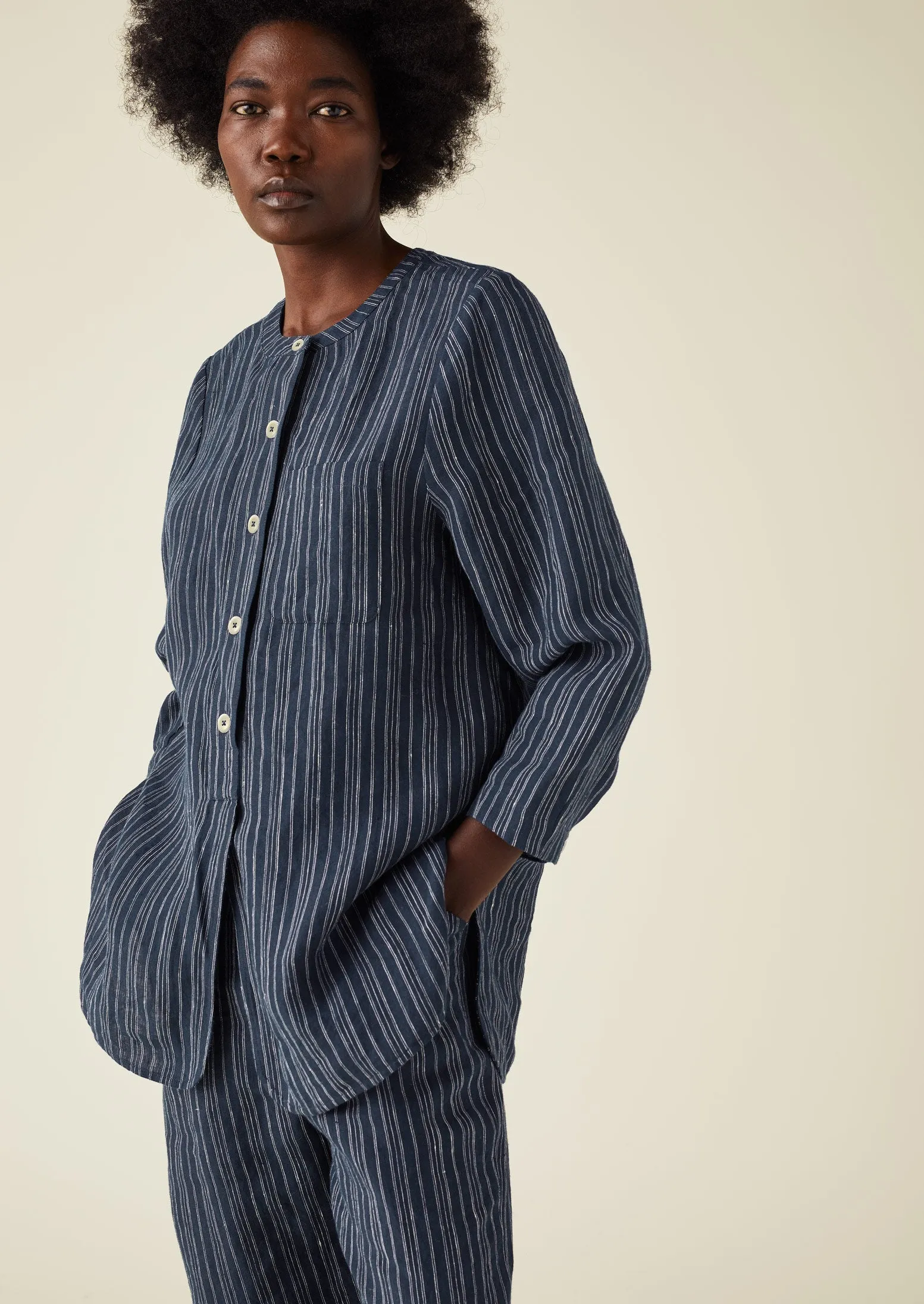 Half Placket Stripe Linen Shirt | Navy sold by TOAST product image thumbnail 4