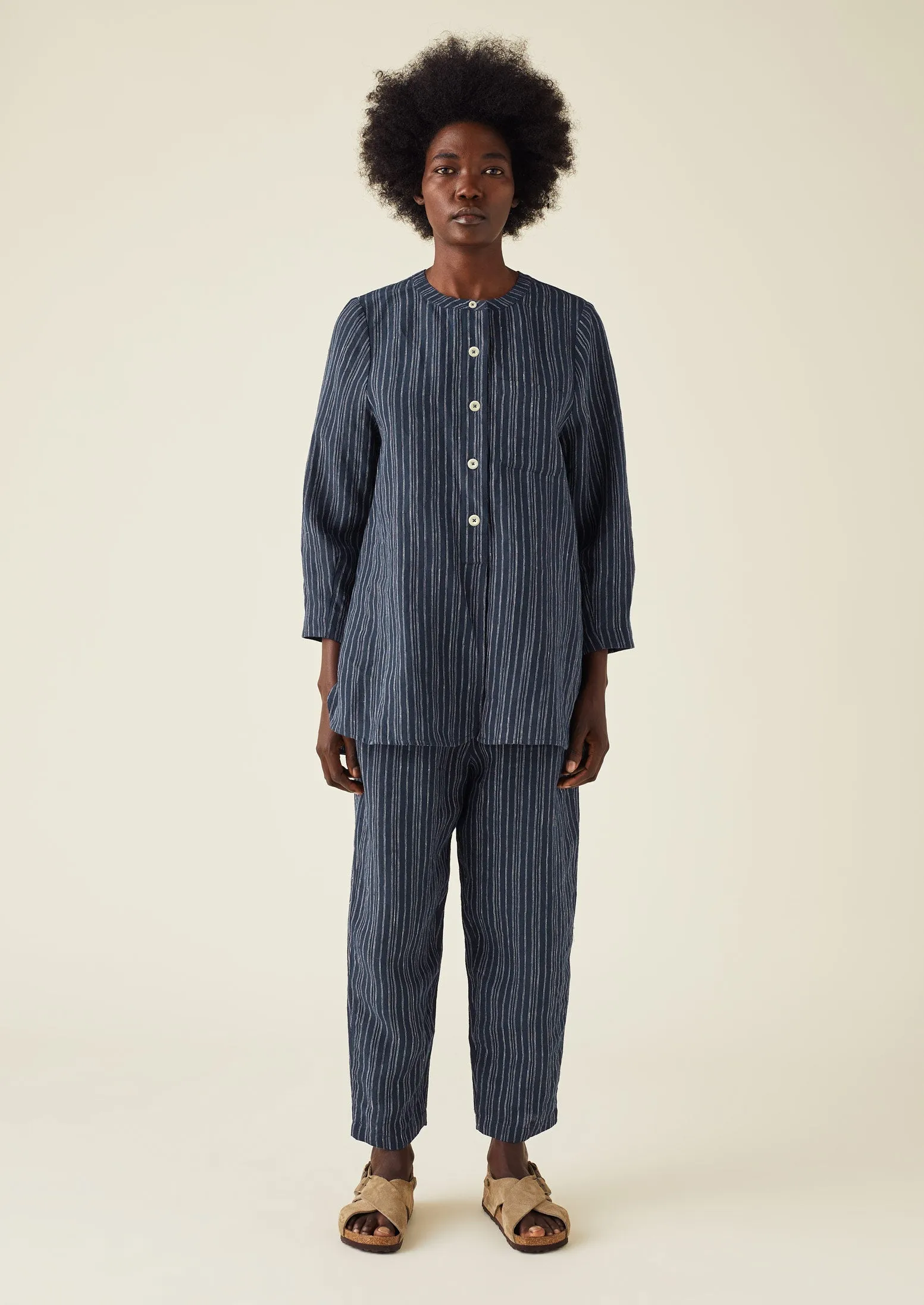 Half Placket Stripe Linen Shirt | Navy sold by TOAST product image thumbnail 5