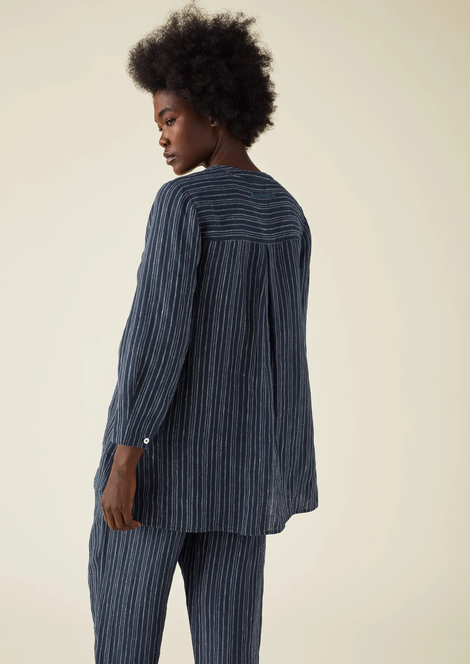 Half Placket Stripe Linen Shirt | Navy sold by TOAST product image thumbnail 2
