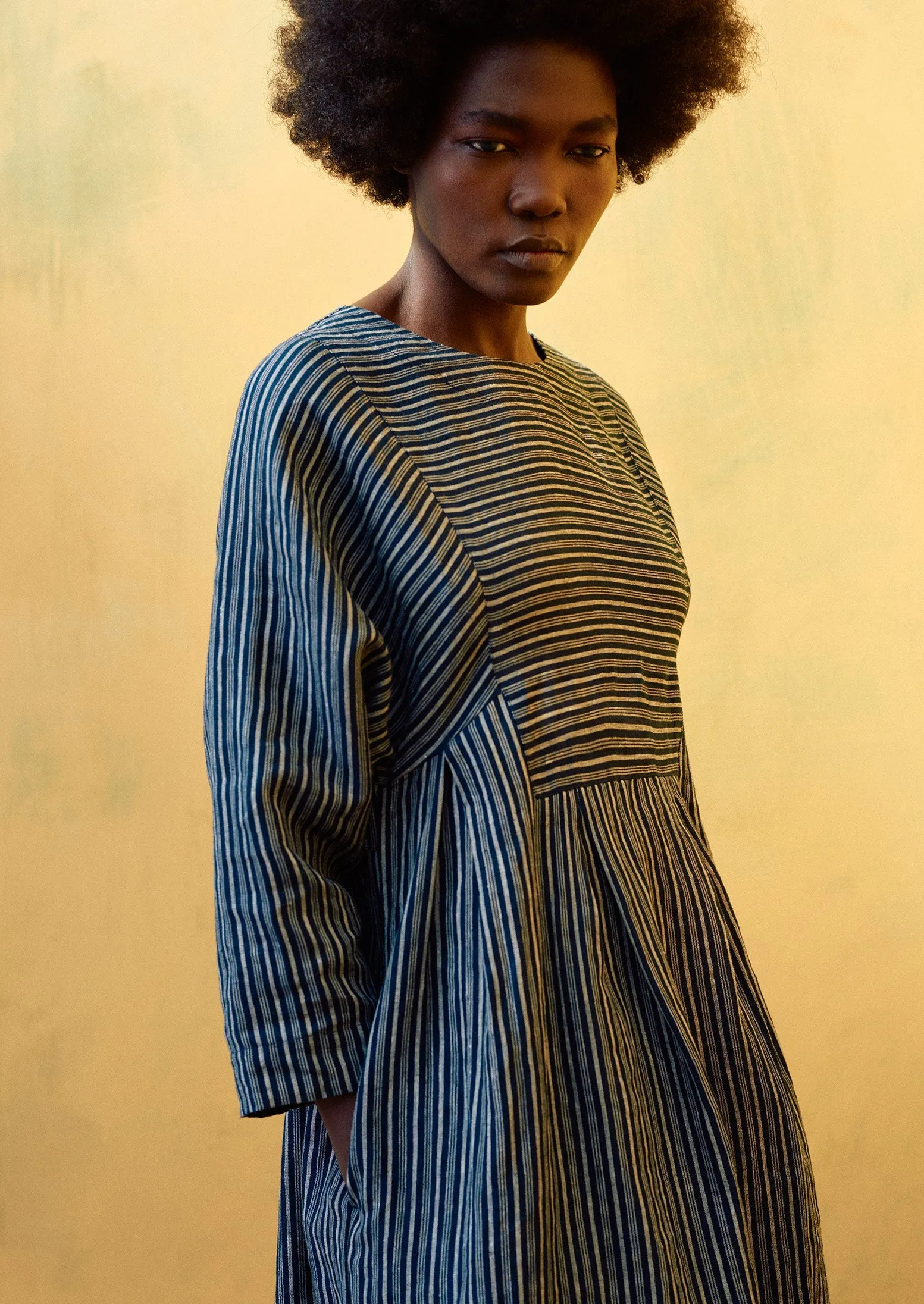 Ticking Stripe Linen Dress | Dark Blue/Ecru | Parallel