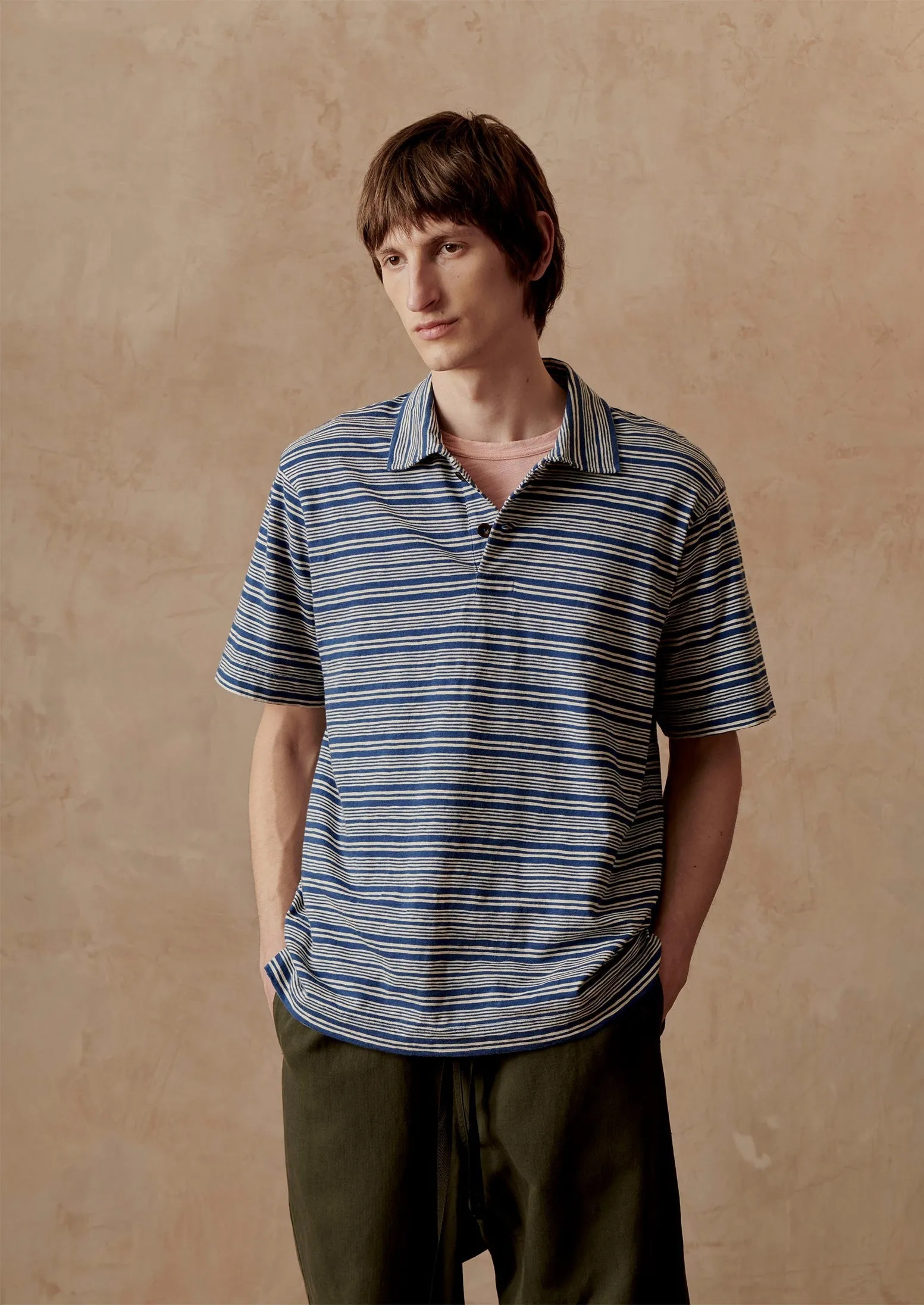 Stripe Organic Cotton Jersey Polo Shirt | Thistle/Putty sold by TOAST product image thumbnail 2