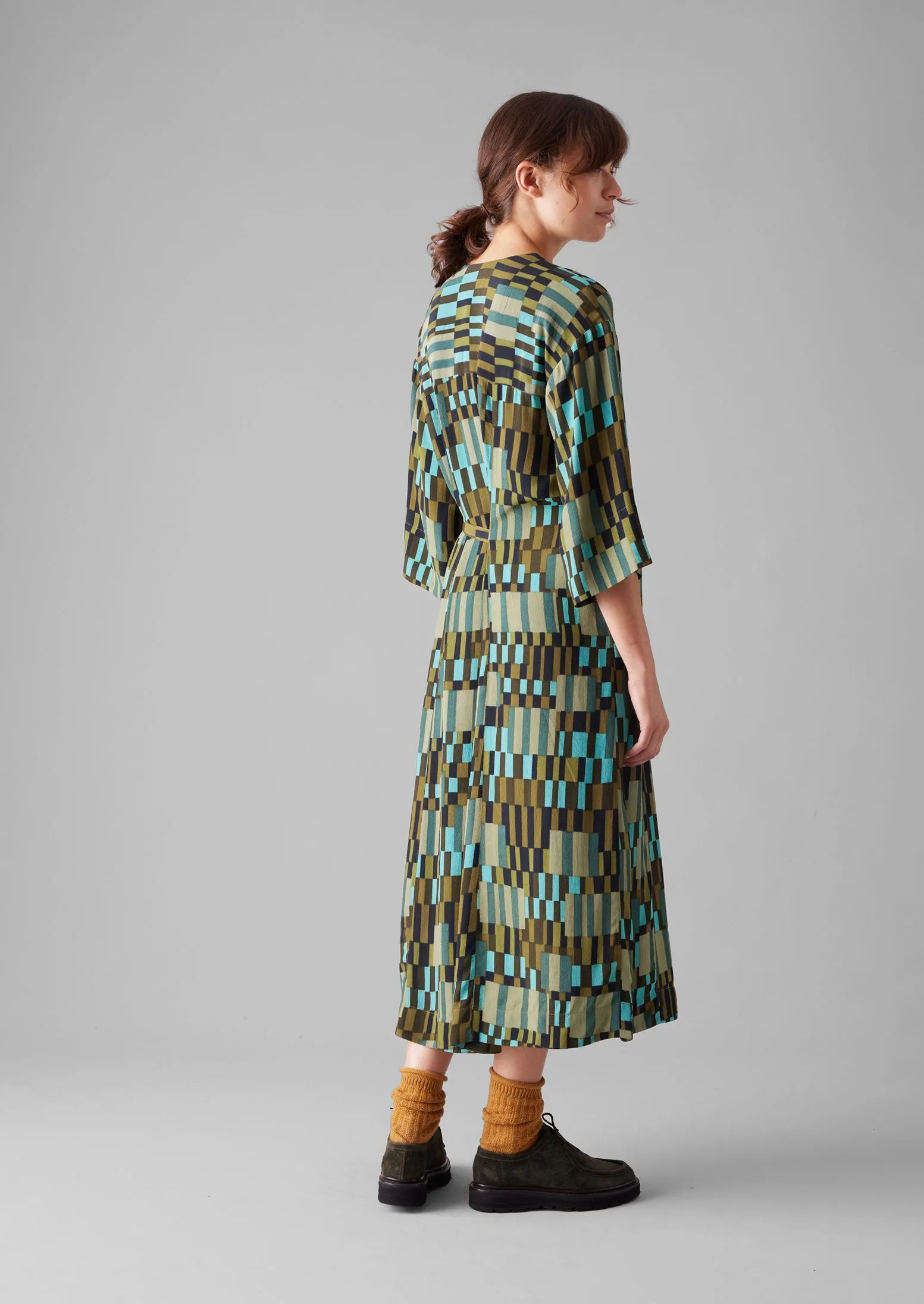 Irregular Check Print Tie Front Dress | Olive/Mint sold by TOAST product image thumbnail 5