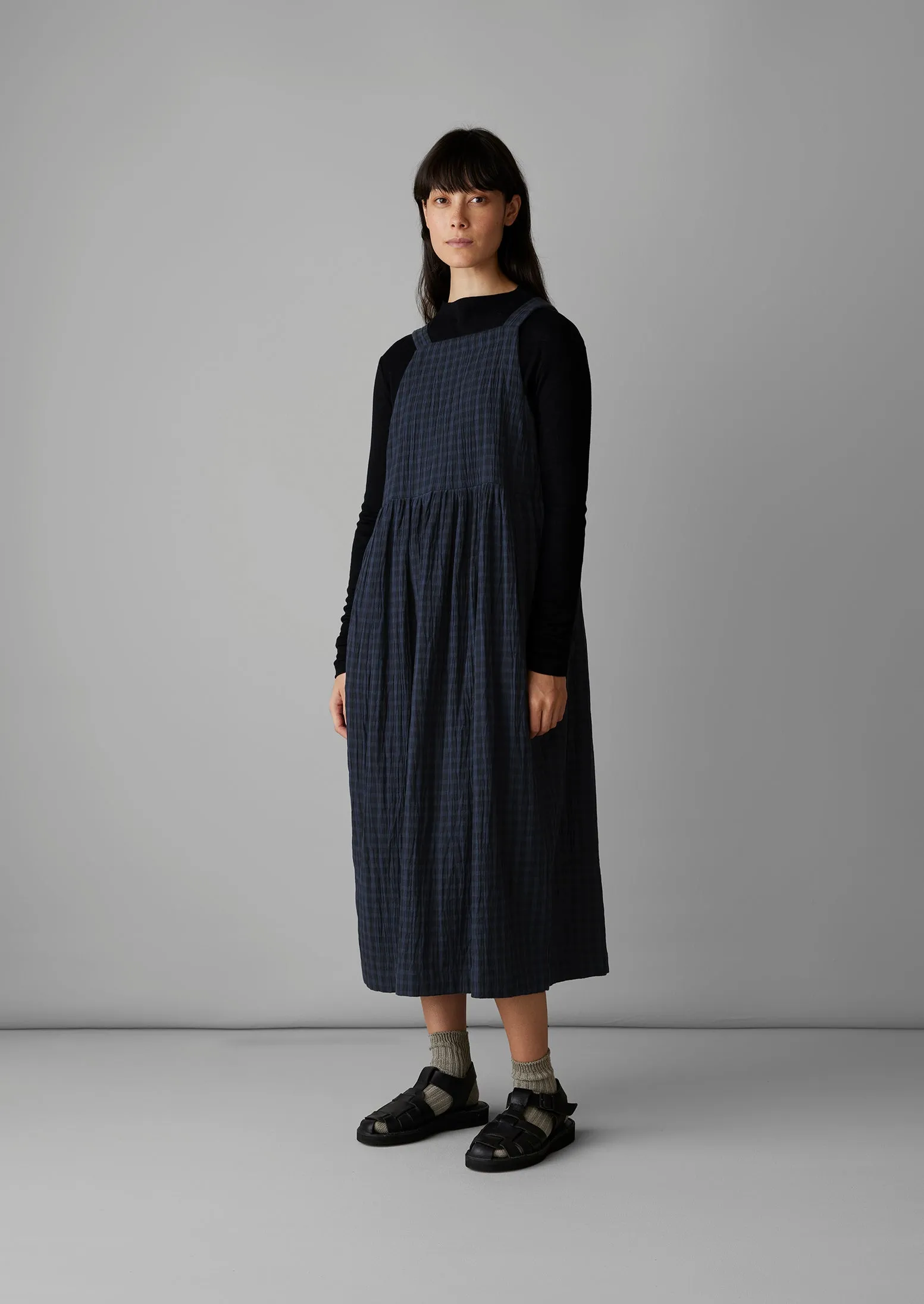 Gathered Waist Crinkled Cotton Pinafore Dress | Navy | Parallel