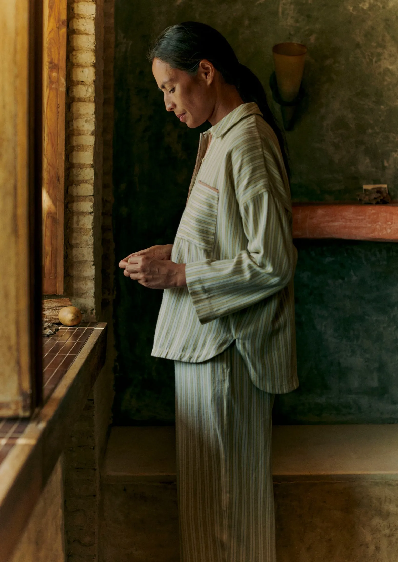 Nova Stripe Flannel Pyjamas | Ecru/Celery sold by TOAST product image thumbnail 2