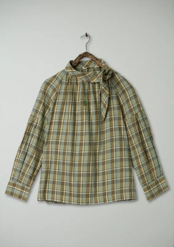 Renewed Tie Neck Check Cotton Shirt Size 8 (53) | Rich Olive sold by TOAST