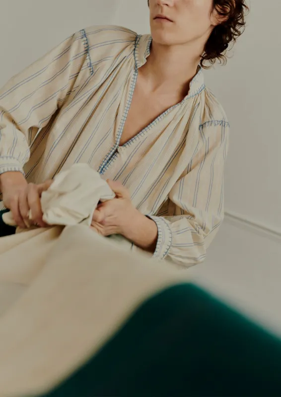 Blanket Stitch Stripe Cotton Top | Delft Blue sold by TOAST