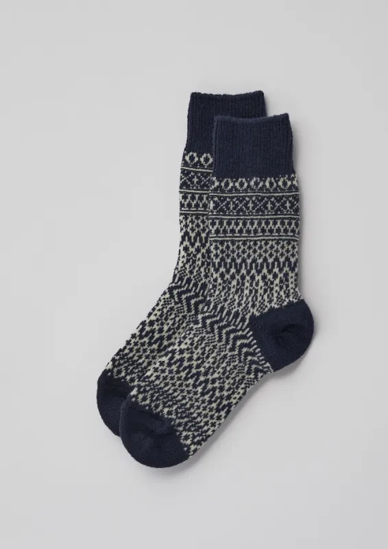 Nishiguchi Kutsushita Wool Jacquard Socks | Dark Blue/White sold by TOAST