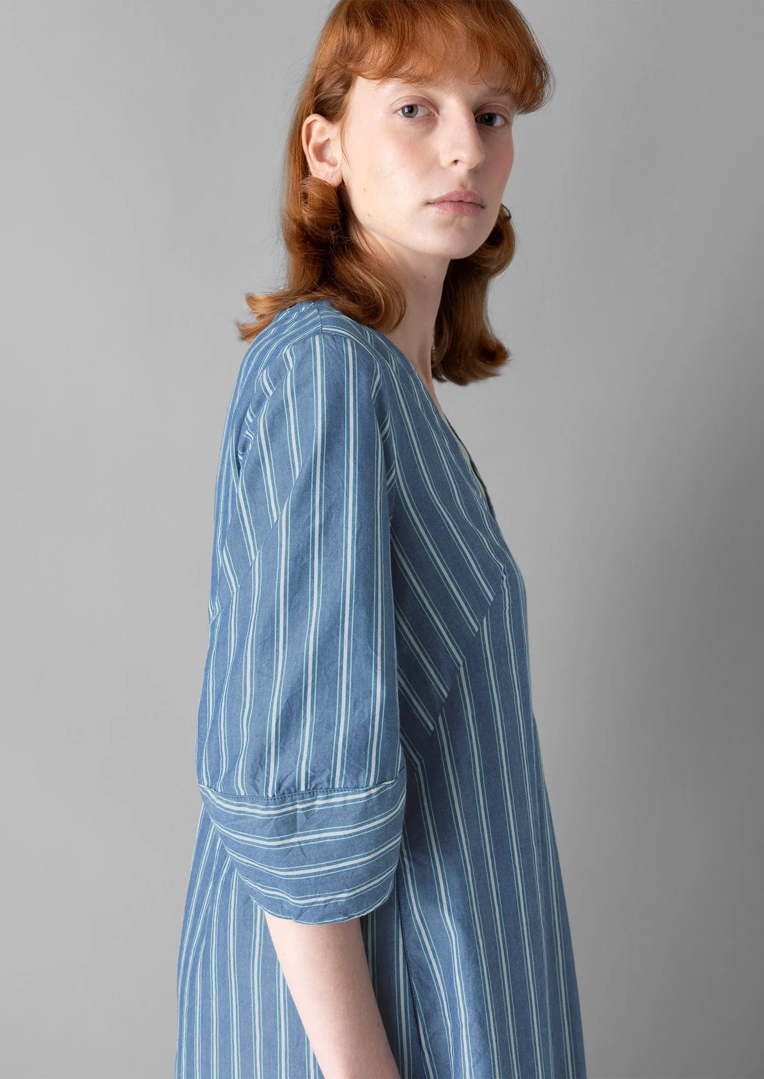 V-Neck Stripe Organic Cotton Poplin Dress | Duffle Blue sold by TOAST product image thumbnail 4