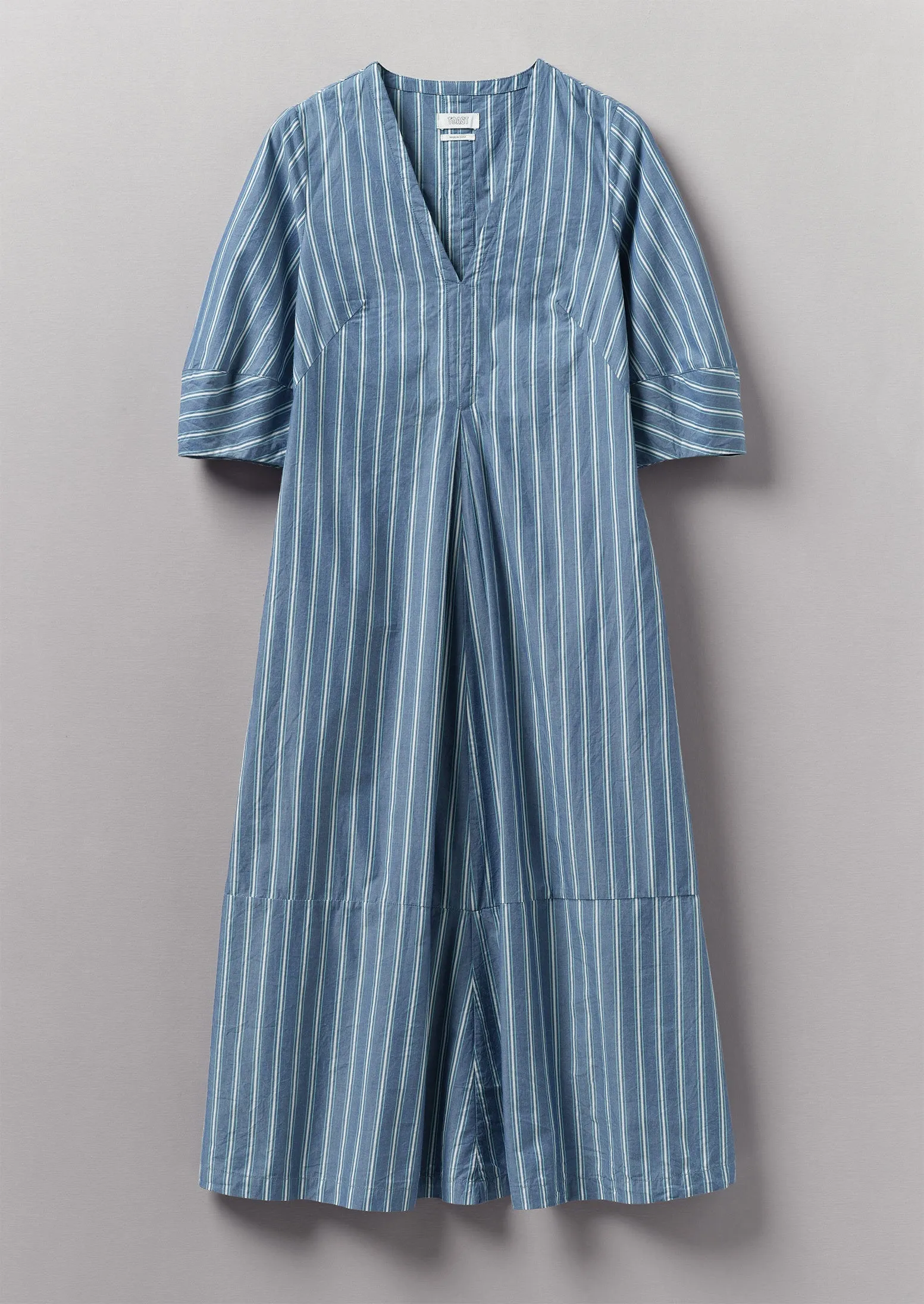 V-Neck Stripe Organic Cotton Poplin Dress | Duffle Blue sold by TOAST