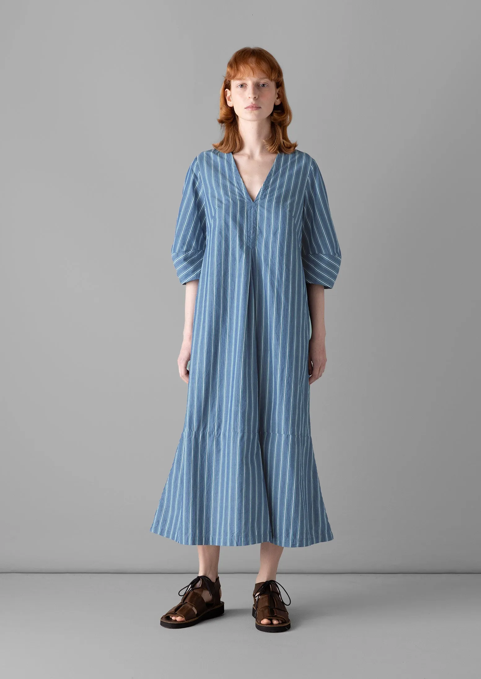 V-Neck Stripe Organic Cotton Poplin Dress | Duffle Blue sold by TOAST product image thumbnail 3