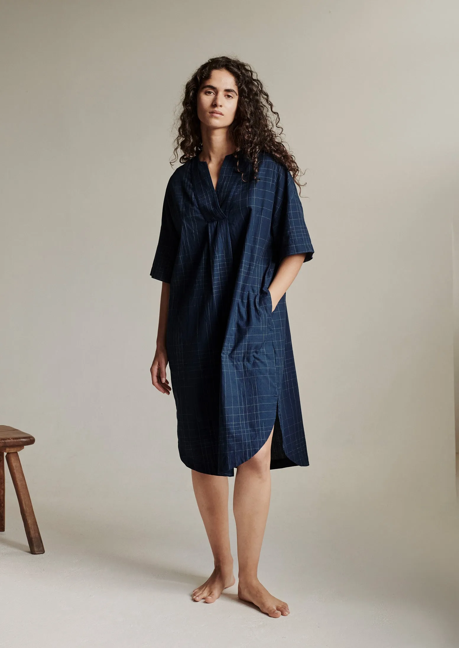 Hand Woven Sketched Check Nightdress | Twilight/Ecru sold by TOAST product image thumbnail 4