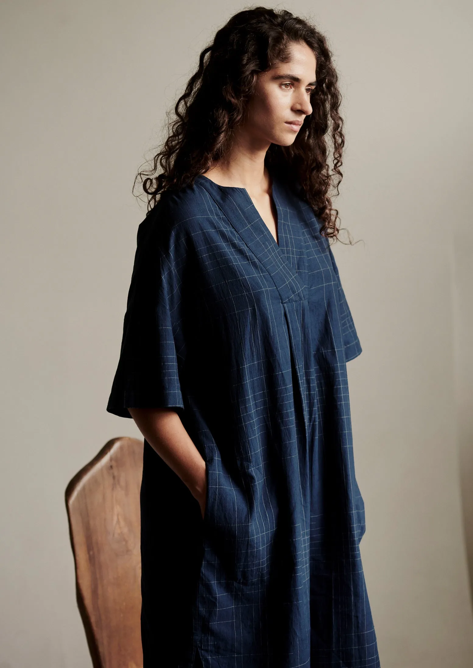 Hand Woven Sketched Check Nightdress | Twilight/Ecru sold by TOAST product image thumbnail 5