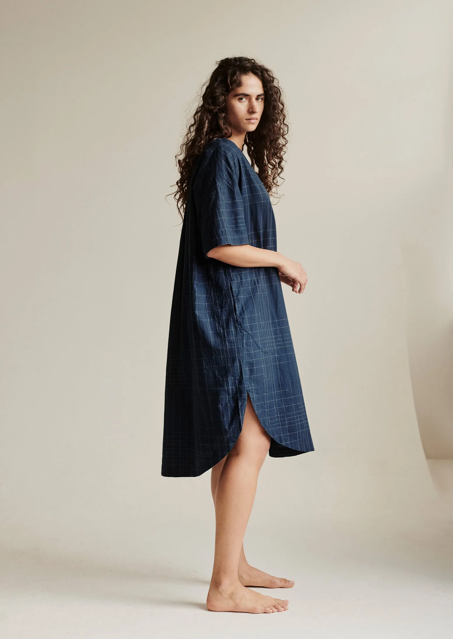 Hand Woven Sketched Check Nightdress | Twilight/Ecru sold by TOAST product image thumbnail 2