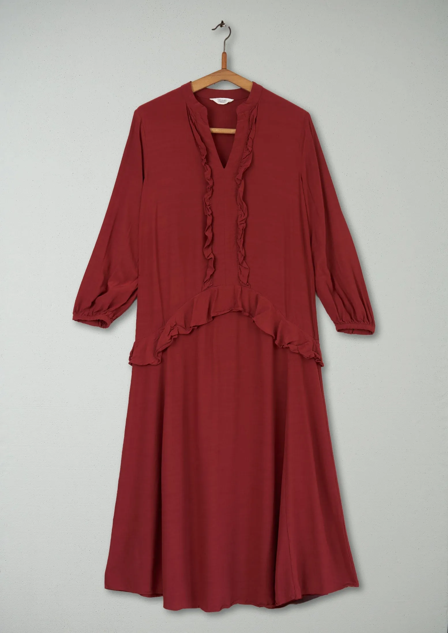 Reworn Ruffle Dress Size 6 (413) | Dark Rust sold by TOAST