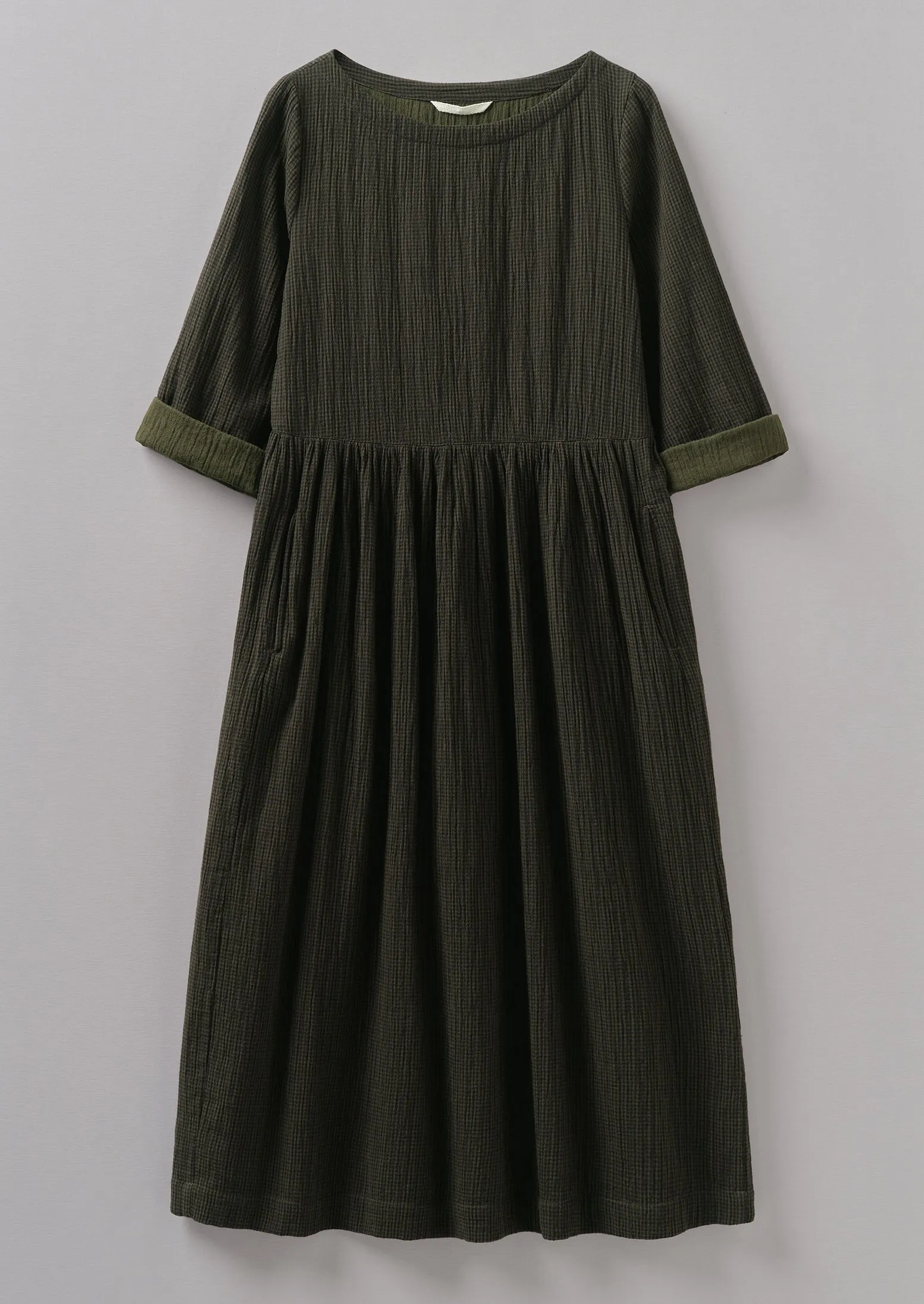 Freya Crinkle Organic Cotton Dress | Darkest Olive sold by TOAST