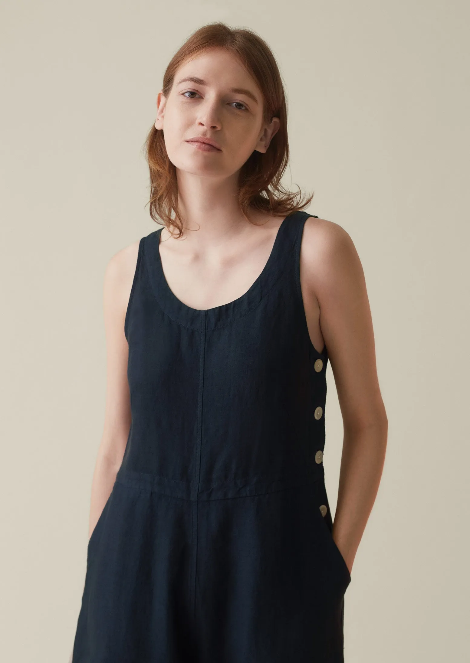 Garment Dyed Linen Side Button Jumpsuit | Midnight sold by TOAST product image thumbnail 3