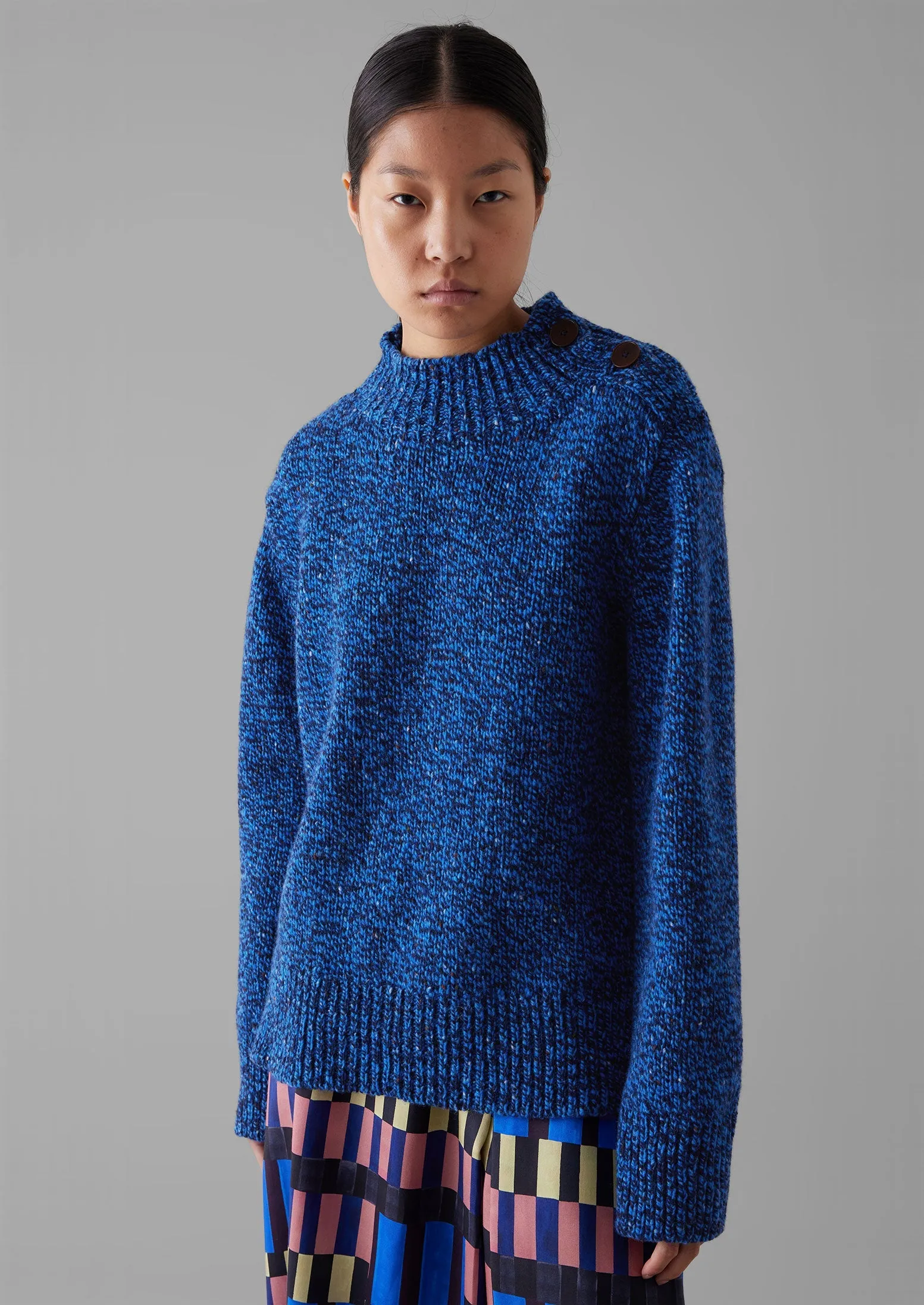 Button Shoulder Marled Donegal Wool Sweater | Blue Marl sold by TOAST product image thumbnail 3
