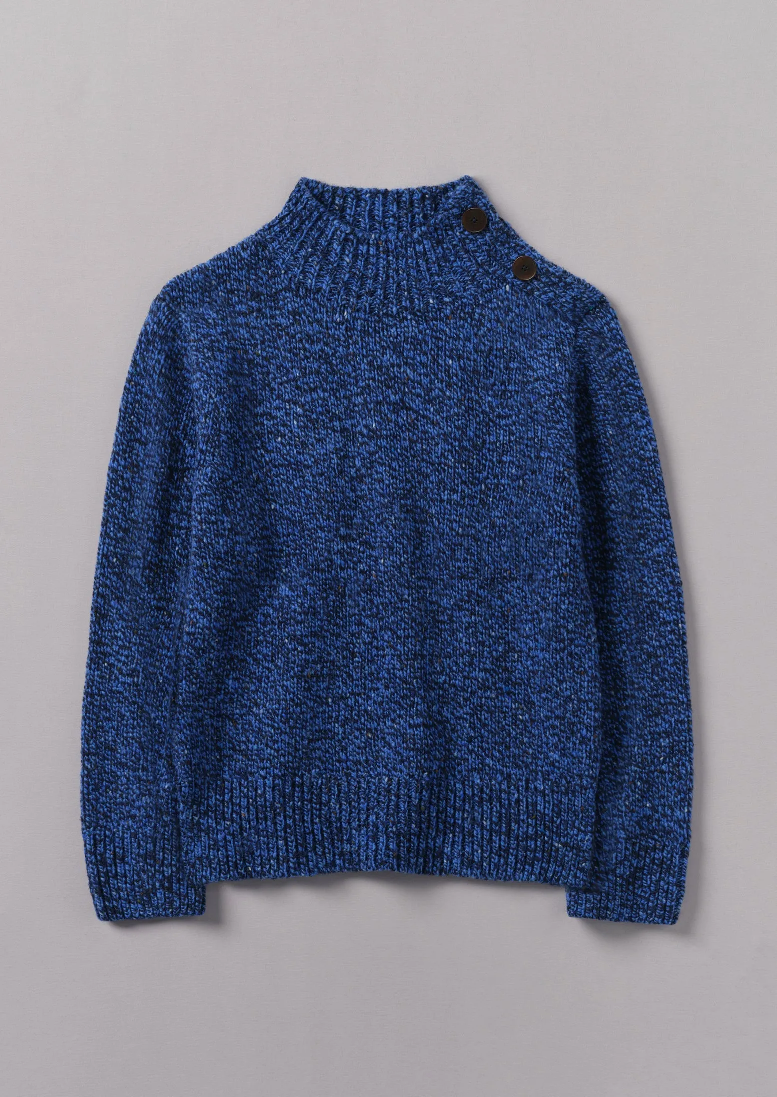 Button Shoulder Marled Donegal Wool Sweater | Blue Marl sold by TOAST