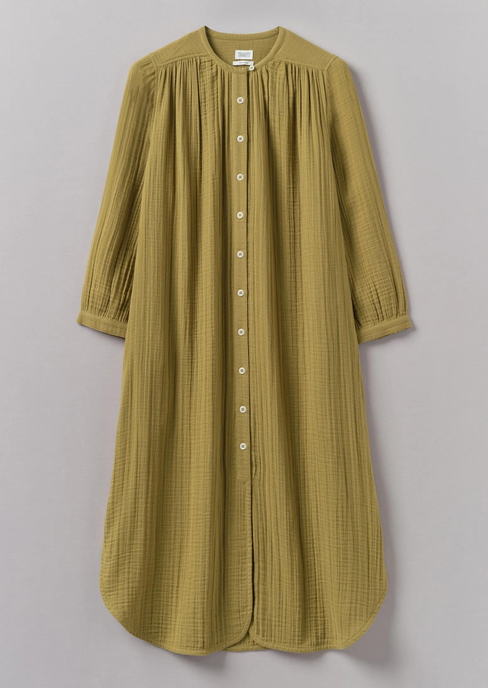 Crinkle Cotton Kaftan Nightdress | Soft Olive sold by TOAST