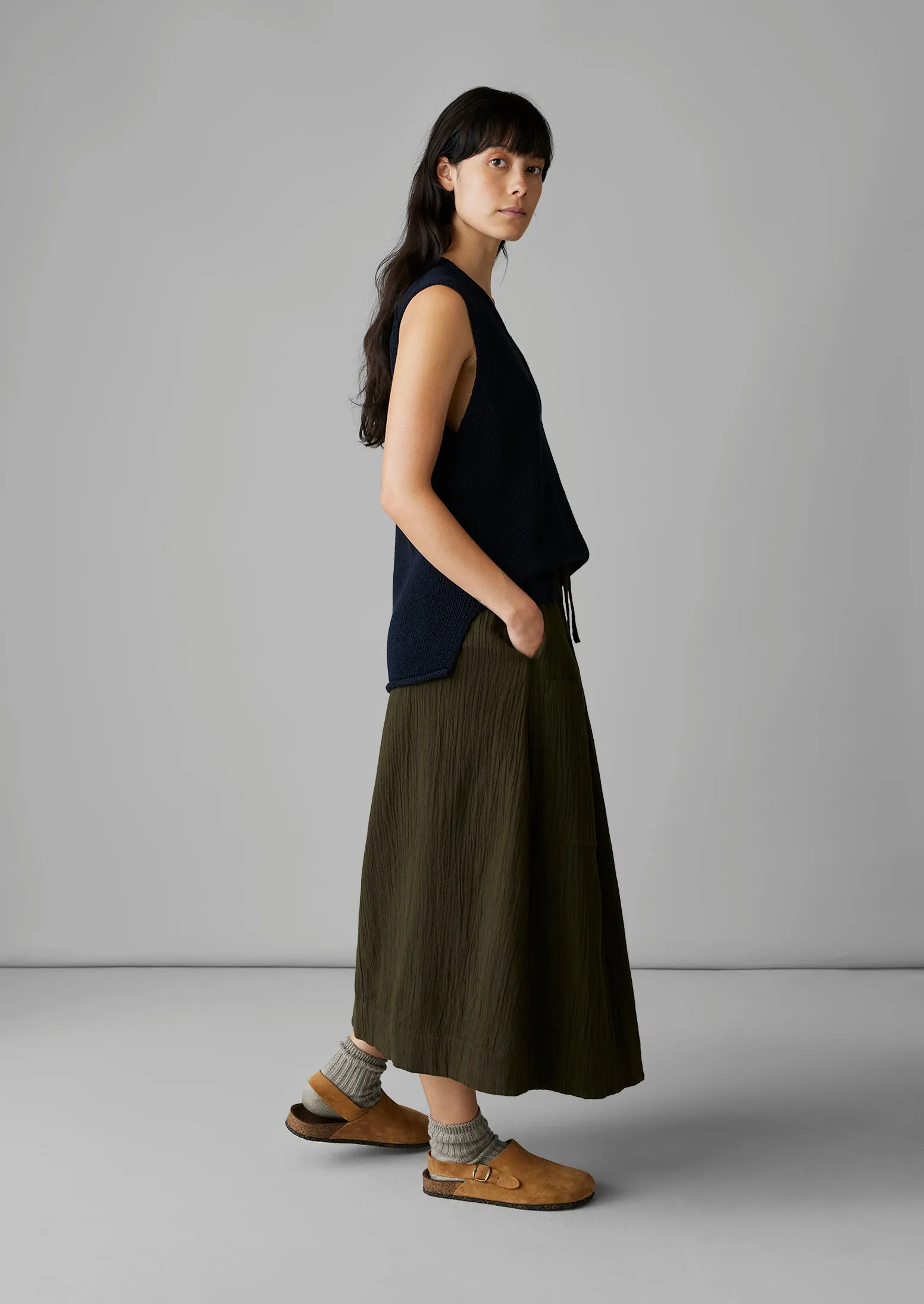 Crinkle Organic Cotton Patch Pocket Skirt | Darkest Olive sold by TOAST product image thumbnail 5