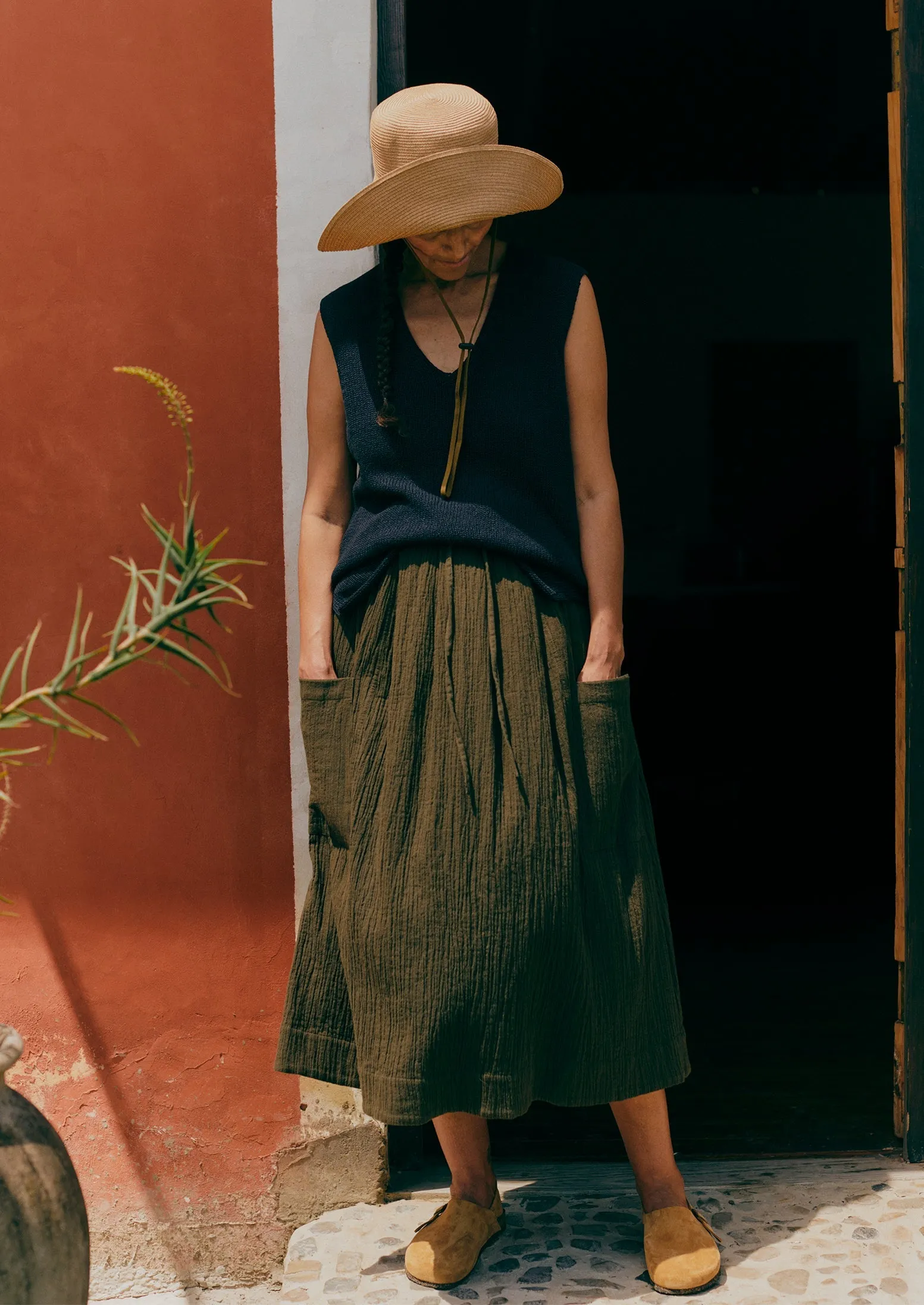 Crinkle Organic Cotton Patch Pocket Skirt | Darkest Olive sold by TOAST product image thumbnail 2