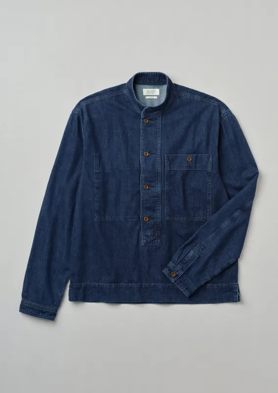 Grandad Collar Half Placket Denim Shirt | Indigo sold by TOAST