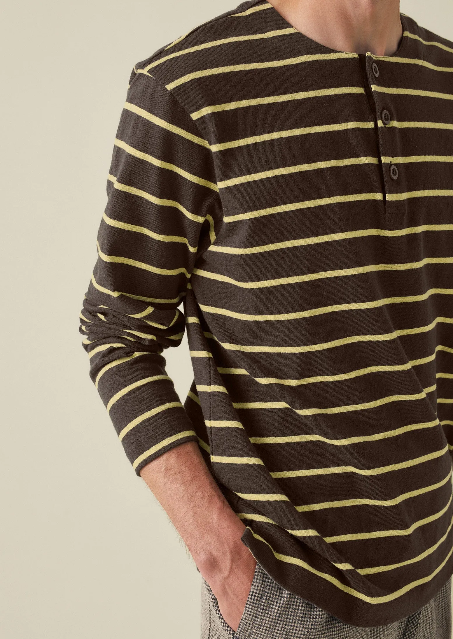 Stripe Organic Cotton Henley Tee | Charcoal/Yellow sold by TOAST product image thumbnail 2
