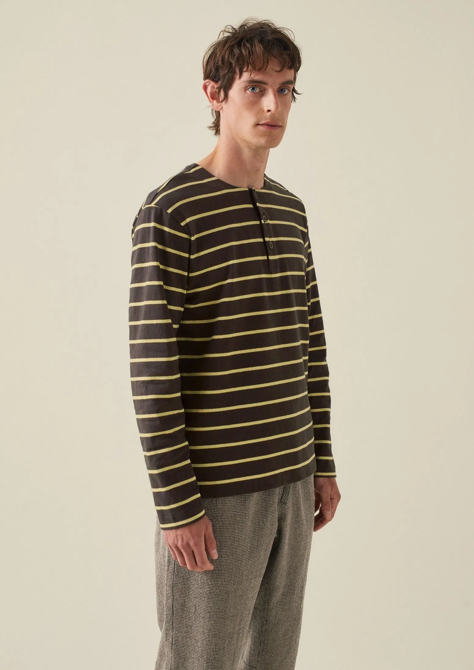 Stripe Organic Cotton Henley Tee | Charcoal/Yellow sold by TOAST product image thumbnail 3