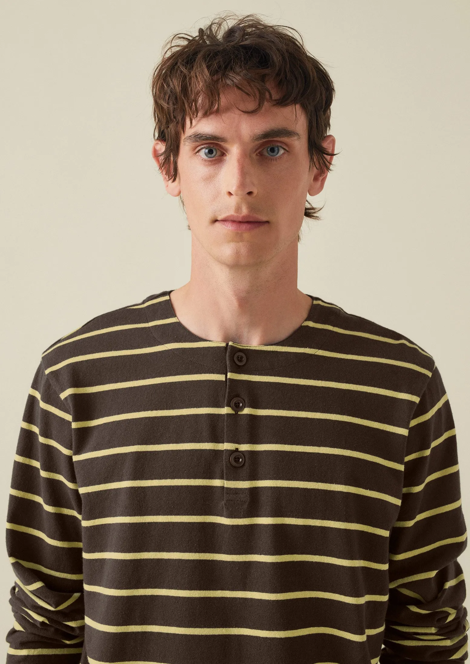 Stripe Organic Cotton Henley Tee | Charcoal/Yellow sold by TOAST product image thumbnail 4