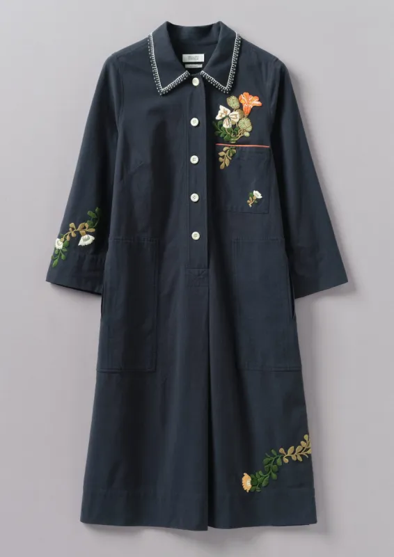 Floral Embroidered Cotton Shirt Dress | Slate Navy sold by TOAST