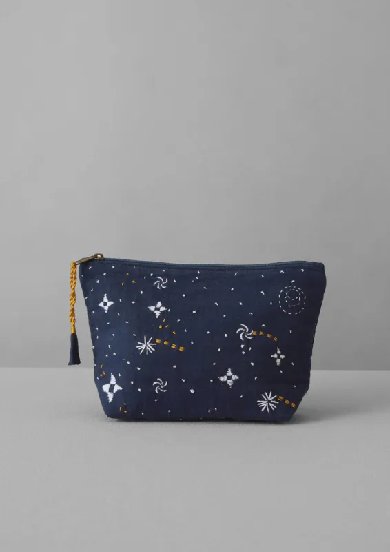 Hand Embroidered Celestial Pouch | Indigo sold by TOAST