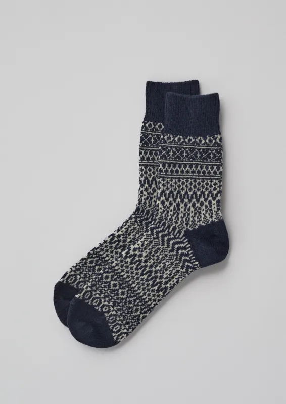 Nishiguchi Kutsushita Wool Jacquard Oslo Socks | Navy sold by TOAST