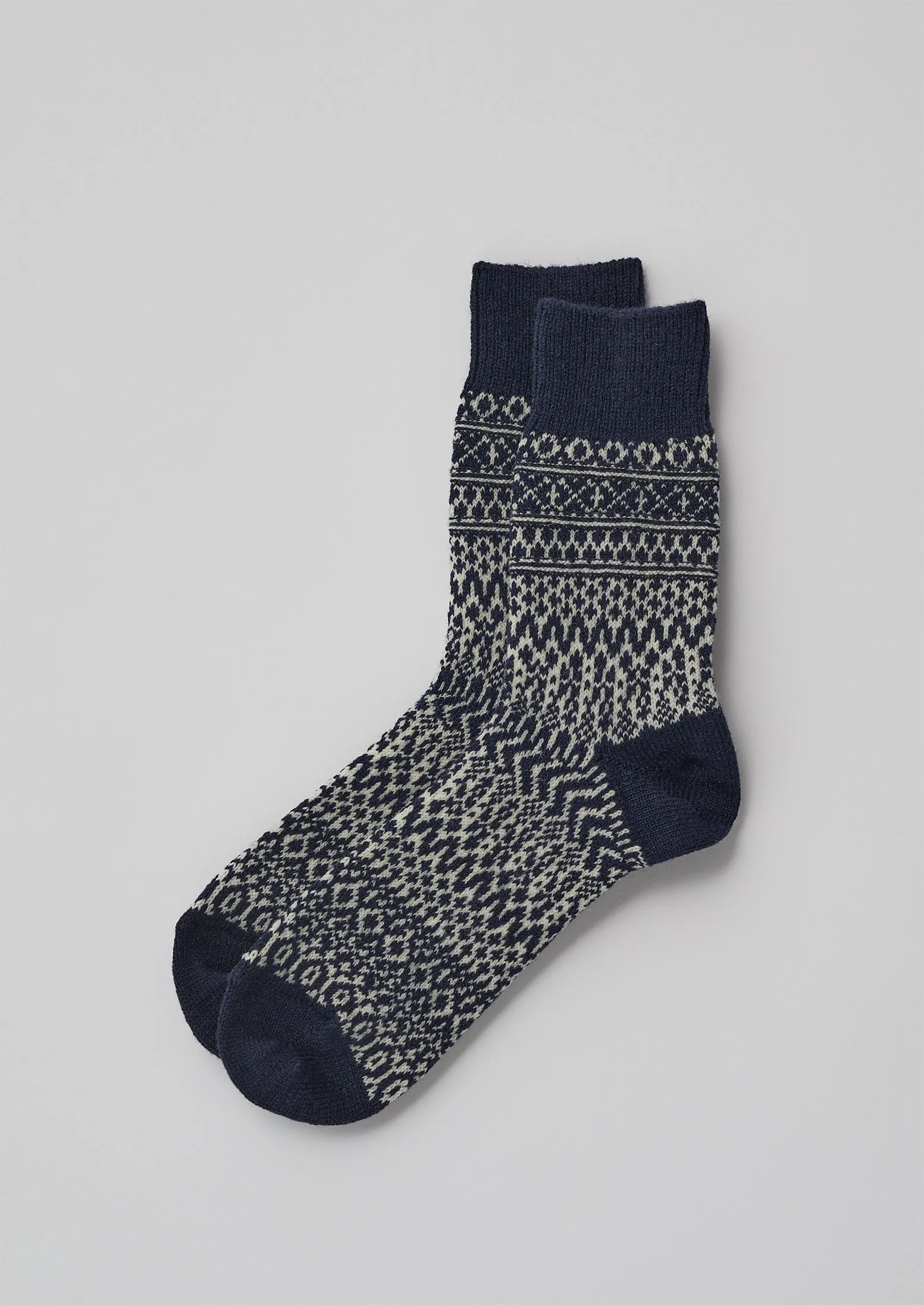 Nishiguchi Kutsushita Wool Jacquard Oslo Socks | Navy sold by TOAST