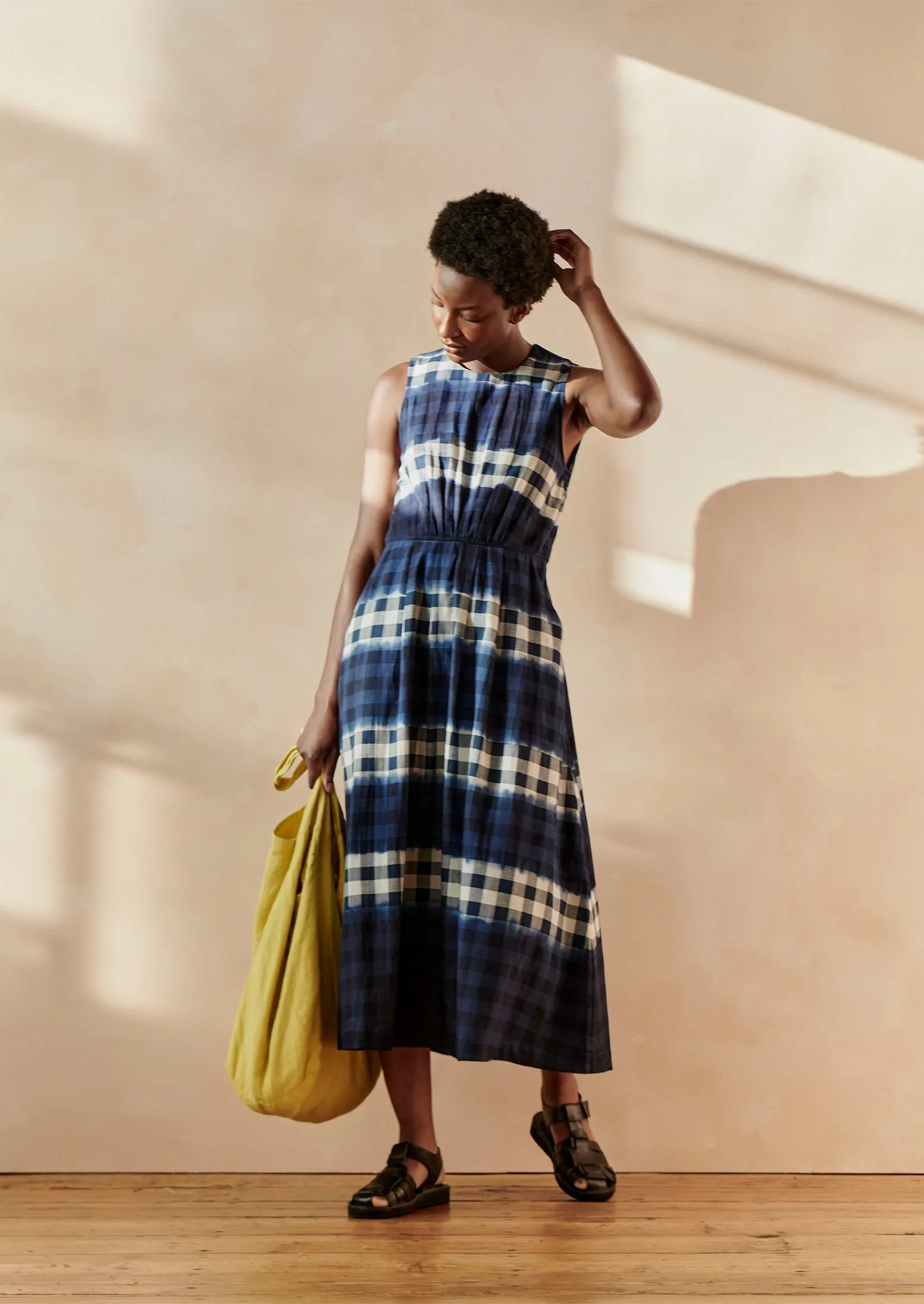 Dip Dye Stripe Gingham Cotton Dress | Navy/Ecru sold by TOAST product image thumbnail 2